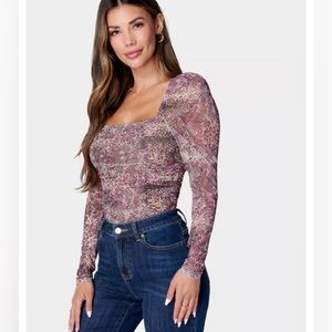 Bebe Ruched Mesh Puff Sleeve Bodysuit - Size M